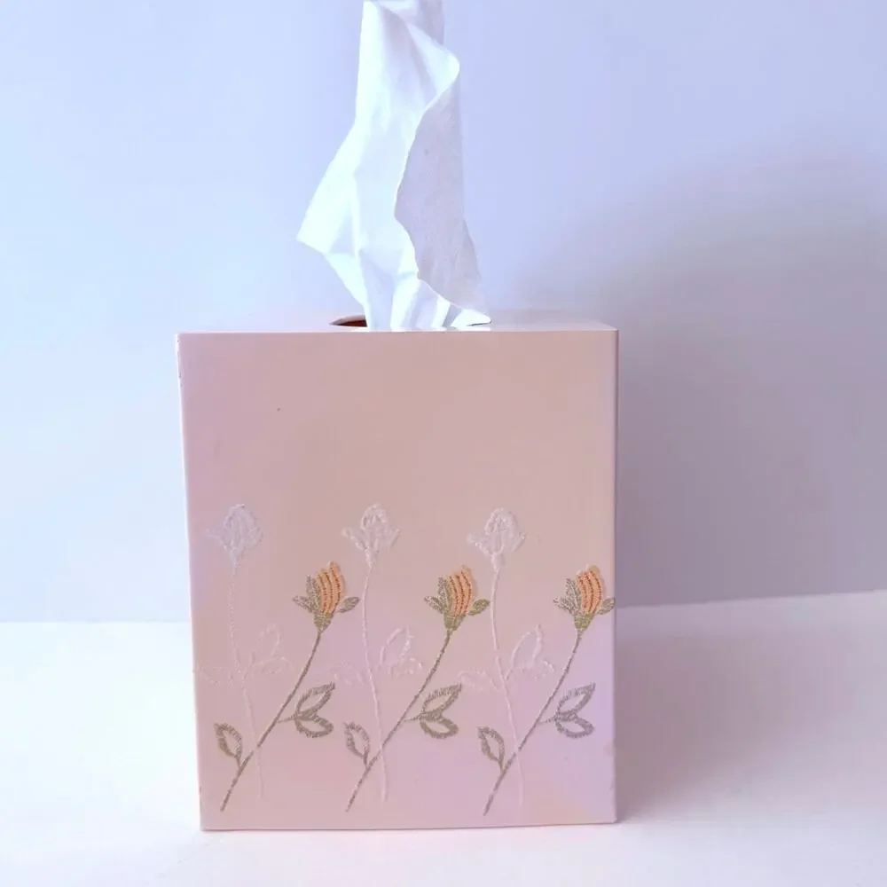 Vintage Plastic Tissue Box Cover Pink Peach Raised Orange White Flowers Japan 5”